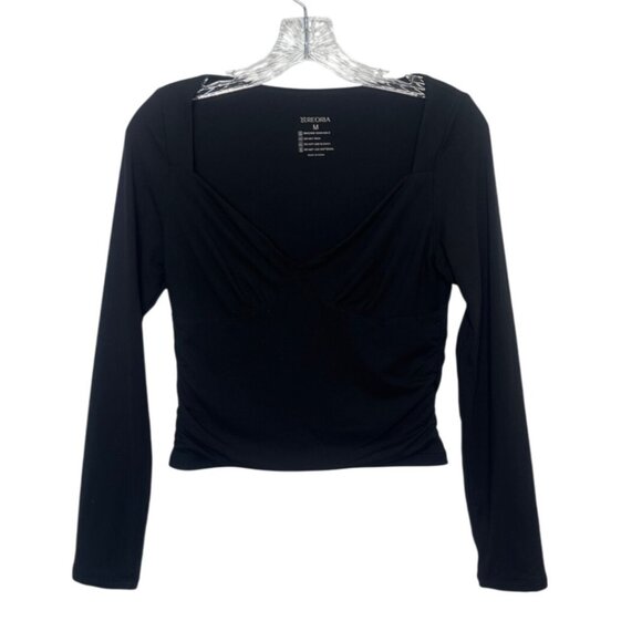 Reoria Long Sleeve Cropped Top Shirt Womens Medium Black New WOT - Picture 2 of 6